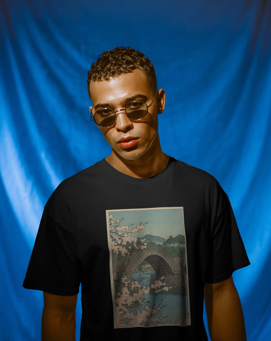 Japanese Bridge Oversized T-Shirt for Men & Women | Premium 100% Cotton 240 GSM Heavyweight Tee | Artistic Japanese Aesthetic Print | Unisex Drop-Shoulder Oversized Streetwear Fit