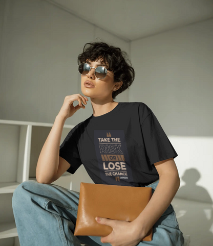 Take The Risk Or Lose The Chance Oversized T-Shirt | 240 GSM Heavyweight 100% Cotton Tee | Motivational Graphic Print | Unisex Drop-Shoulder Streetwear Fit for Men & Women