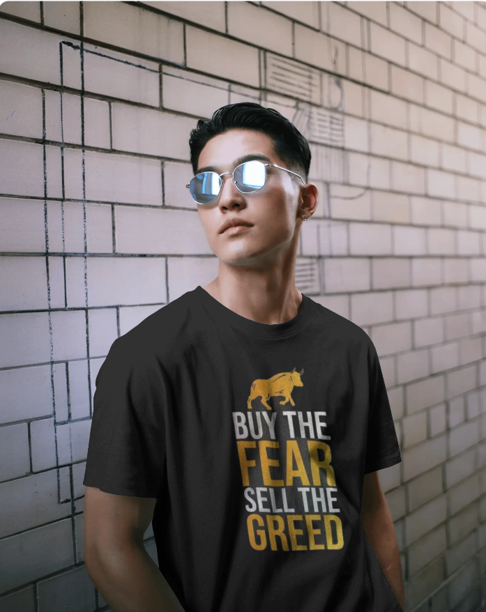 Men’s Classic Crew T-Shirt | “BUY THE FEAR SELL THE GREED” Trading Bull Print | 180 GSM Lightweight 100% Cotton | Unisex Regular Fit Everyday Tee
