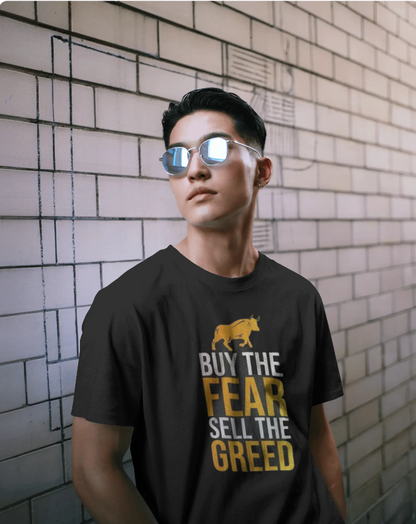 Men’s Classic Crew T-Shirt | “BUY THE FEAR SELL THE GREED” Trading Bull Print | 180 GSM Lightweight 100% Cotton | Unisex Regular Fit Everyday Tee